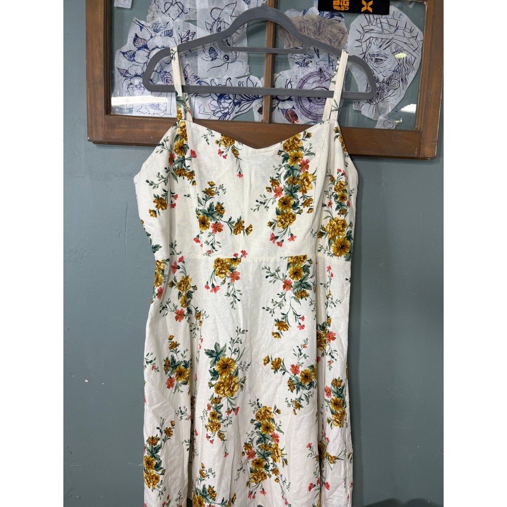 Old Navy White Floral Midi Dress with Yellow & Green Bouquet Print